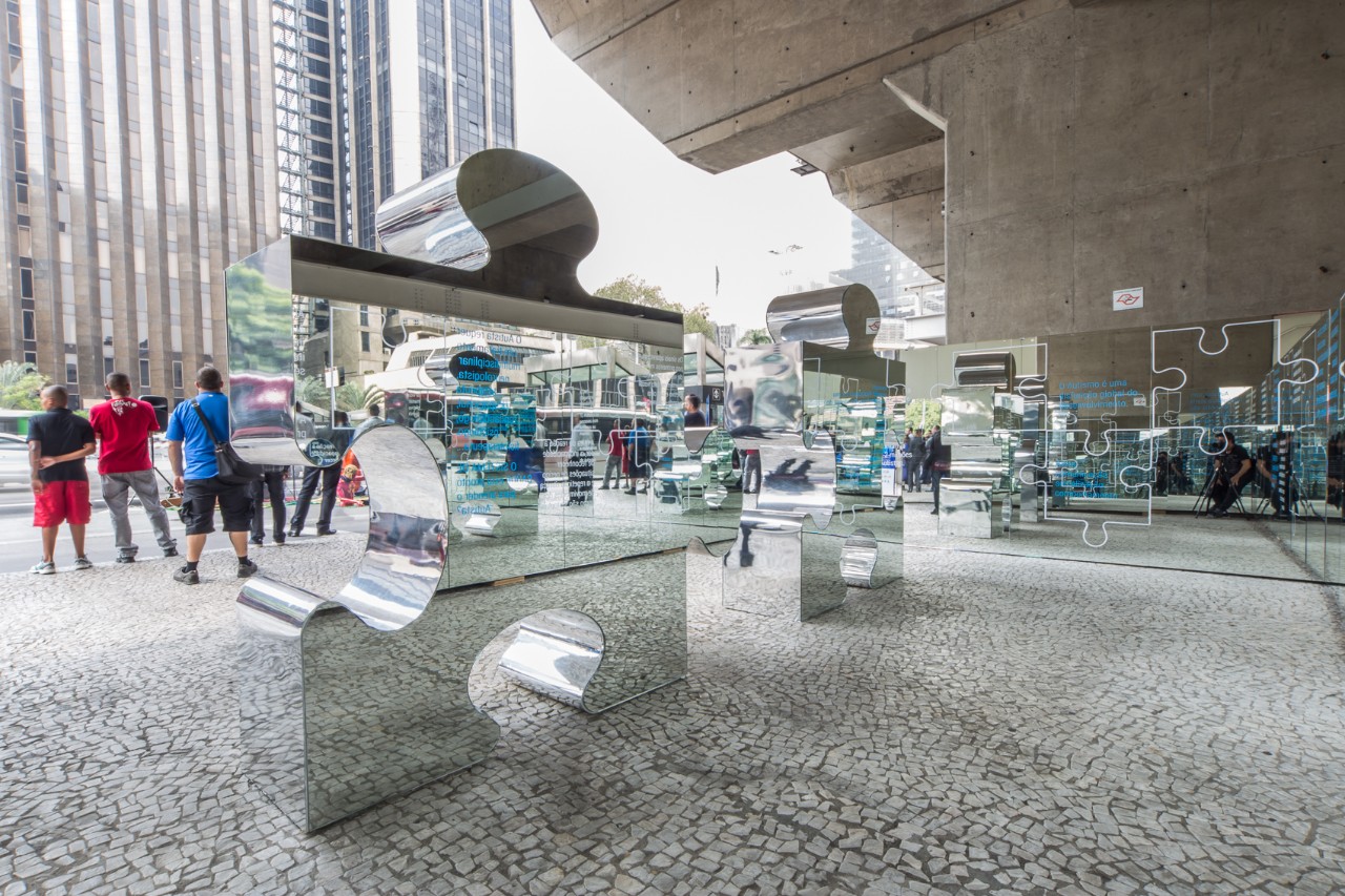 big mirror puzzle shaped outside of a building in brazil